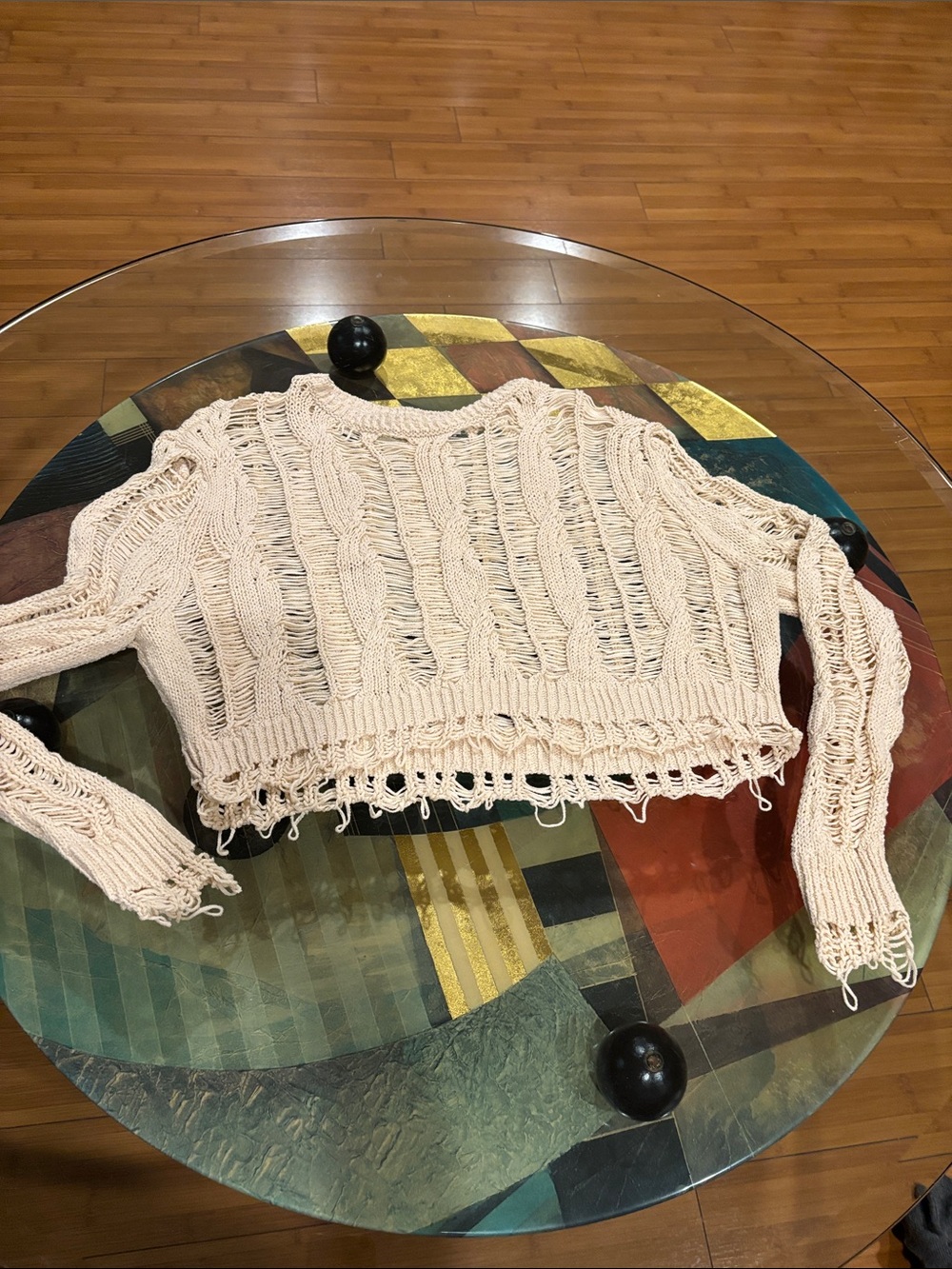 Zara Distressed Cropped Open-Knit Sweater - Cream